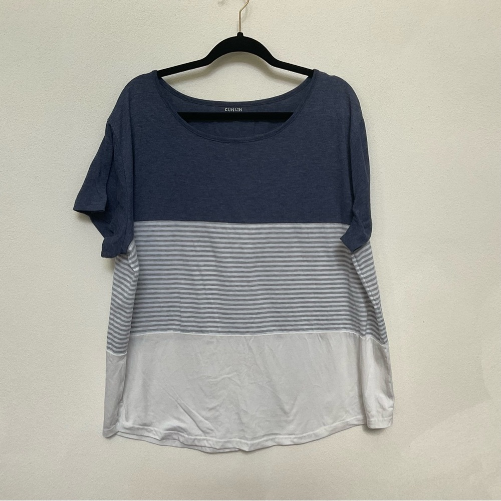 Cunlin Navy Blue, Grey Striped Basic T-Shirt Size XXXL Nautical Preppy